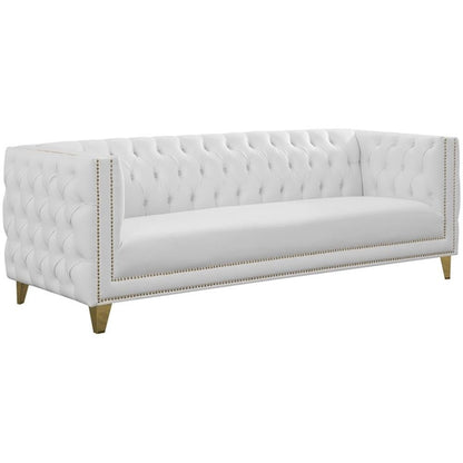 Meridian Furniture 651White-S Michelle Collection Modern | Contemporary Sofa with Deep Button Tufting, Gold Nailhead Trim and Sturdy Gold Iron Legs, White Vegan Leather, 90" W x 34" D x 30" H