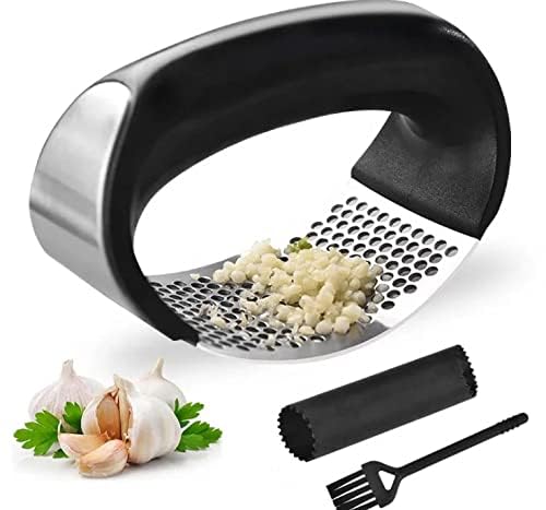 Angel's Peel Lounge Stainless Steel Garlic Press Rocker Set with Silicone Garlic Peeler & Cleaning Brush – Garlic Chopper, Mincer, Grater, Crusher – Easy for Crushed Cloves – Rust-Resistant, Black