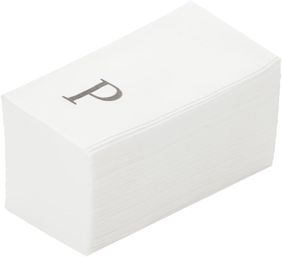 15.8 7.9 Inch 50 Luxenap X Linen-Feel Guest Towels, Lettered Hand Towels - Silver Letter 'P', Sans Serif Font, White