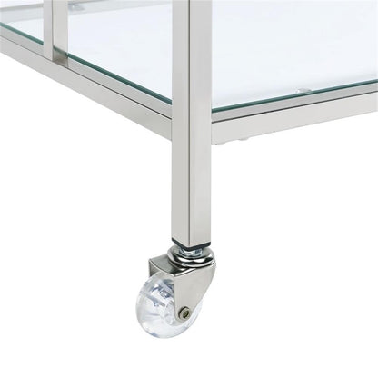 BOWERY HILL Contemporary Bar Cart, Clear Tempered Glass Shelves, 35" H x 33" W x 16" D, Chrome Finish, Modern Glam Design with Casters, Rectangular Serving Cart for Living or Dining Room Use