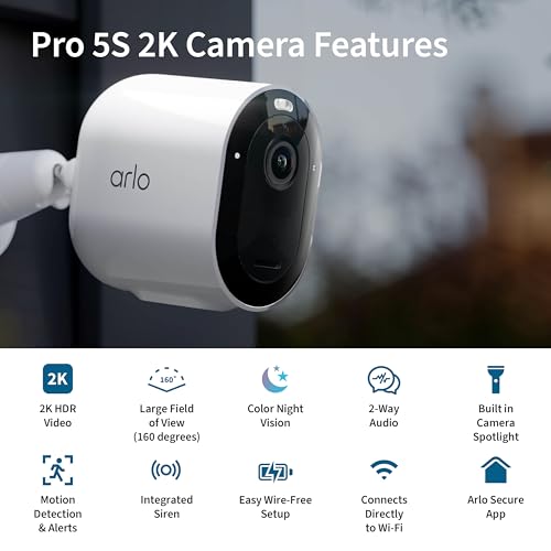 Arlo Pro 5S Spotlight Security Camera 2K HDR | Outdoor | Wireless | Dual-Band Wi-Fi Connects to Strongest Network |12X Zoom, 2-Way Audio, Siren, Color Night Vision,Live Stream(White, 4 Cameras)