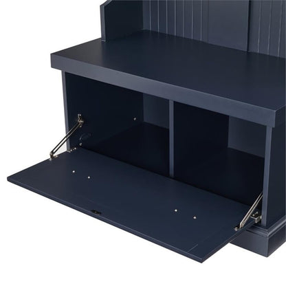 Bowery Hill Coastal Wood Hall Tree, Navy Finish, 64.25"H x 31.5"W x 15.75"D, Bead Board Design, 3 Double Hooks, Drop-Down Cabinet Door, Storage Shelves, Versatile Entryway Bench for Foyer or Mudroom