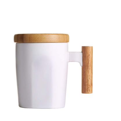HOWAY Flat Bottom Mug with Wood Lid, Ceramic Tea Cup for Coffee Warmer, Universal, Flat Bottomed, Wooden Handle, 14oz