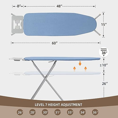 EASI Ironing Board Full Size 48" x 15" with Iron Rest, 7 Height Options 26" to 36", Foldable Iron Board with Removable Covers, Thick Padding and Heavy-Duty Steel Legs, Blue