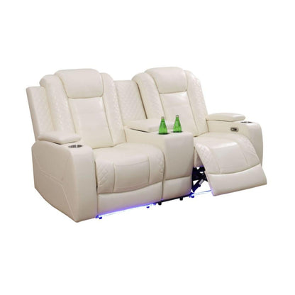 UOCFYK Electric Power Recliner Loveseat Set Living Room Furniture, Comfy Home Theater Breathing Leather Seating with USB 2.0 Charging Ports, LED Light Strips, Mid Console and Cupholders (White-2)
