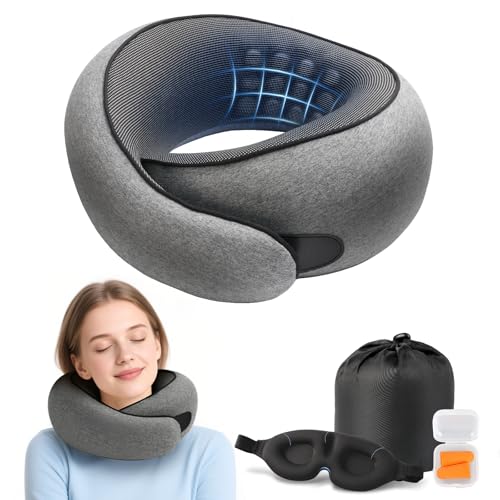 Advanced Memory Foam Neck Travel Pillow, Neck Pillow Airplane with Eye Mask & Ear Plugs, Designed for The Comfort of Travel & Office, Travel Pillow for Plane, Car, Home, Work, Dark Grey