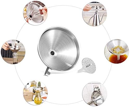 Kitchen Funnel, 3 Piece Stainless Steel Set with Handle and Removable Strainer for Liquid Transfer