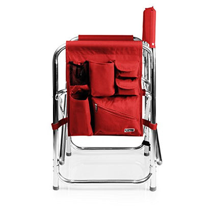 PICNIC TIME Sports Chair with Side Table, Outdoor Foldable Padded Adult Camping Chairs with Cup and Accessory Panel for Lawn, Beach, & Sports Use for Adults, up to 300-lbs Capacity, (Red)