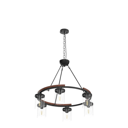NSRCE 28-Inch Wagon Wheel Chandelier, 6-Light Farmhouse Dining Room Light Fixture Over Table, Round Matte Black Rustic Wood Ceiling Hanging Pendant Light with Clear Glass Shade