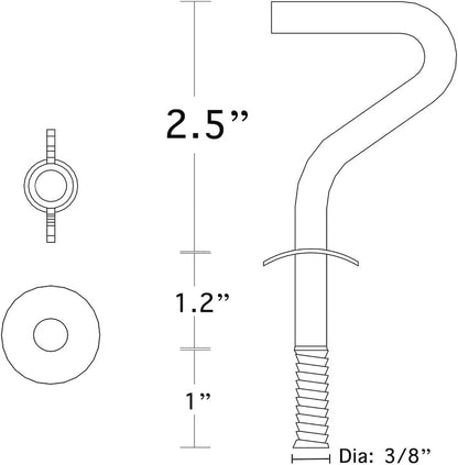 Zinc Heavy-Duty Replacement Hooks, 2 Packs Holding Hammock Fit 3/8 Inch Dia. 1-1/4 to 2 Inch Long Hole