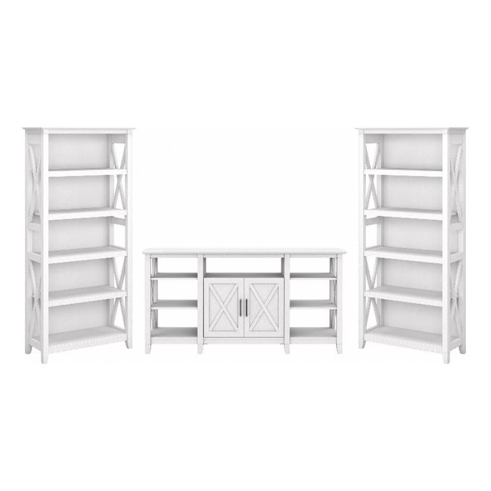 Bush Home Key West Tall TV Stand with Set of 2 Bookcases in Pure White Oak, Farmhouse Entertainment Center for 65 Inch Television