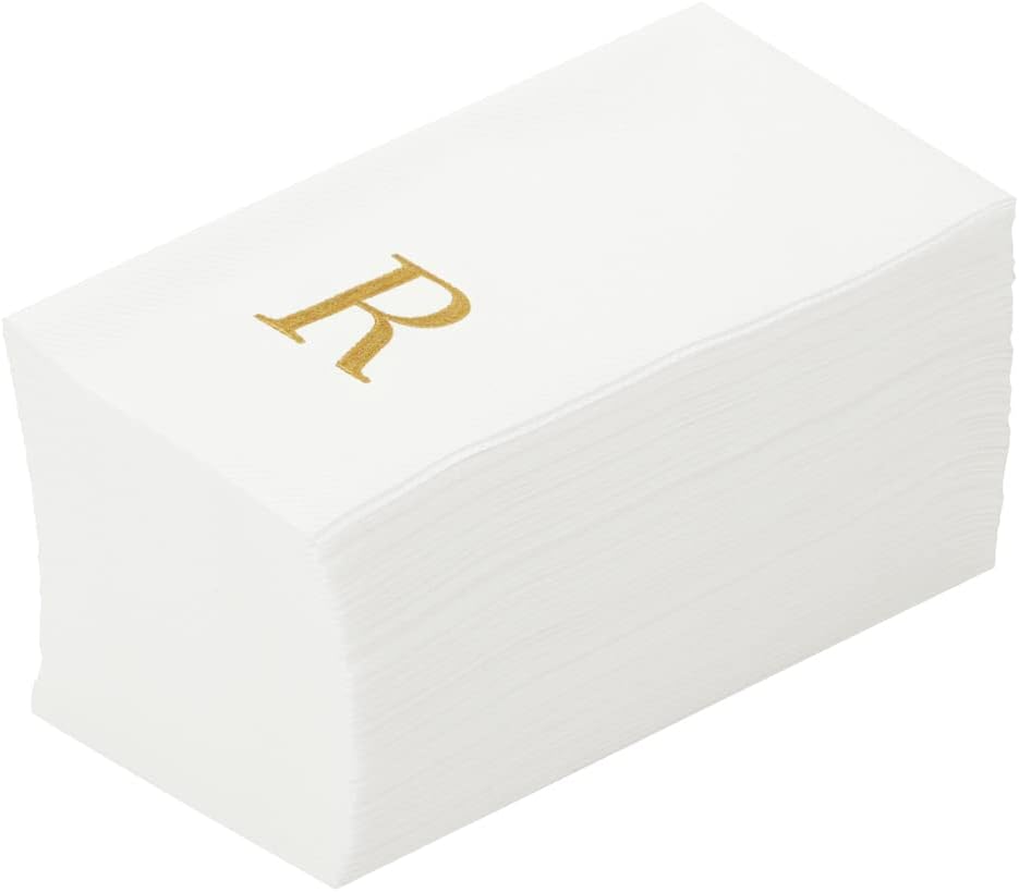 15.8 7.9 Inch 50 Luxenap X Linen-Feel Guest Towels, Lettered Hand Towels - Gold Letter 'R', Sans Serif Font, White