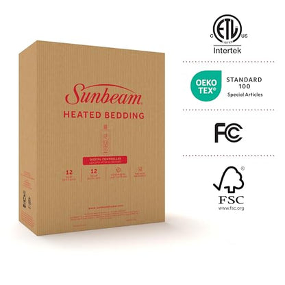 Sunbeam Premium Quilted Electric Heated Mattress Pad Twin 39" x 75" - 12 Heat Settings, 12-Hour Selectable Auto Shut-Off, Fast Heating, Warming Bed, Machine Washable, Extra-Soft Warm Cozy
