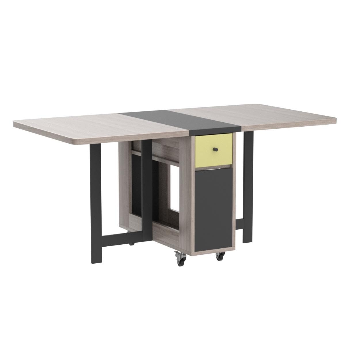 FUNROLUX Folding Dining Table with Storage Rack and 2 Drawers, Movable Kitchen Table Extendable Versatile Table Space Saving Foldable in 3 Forms (Grey)