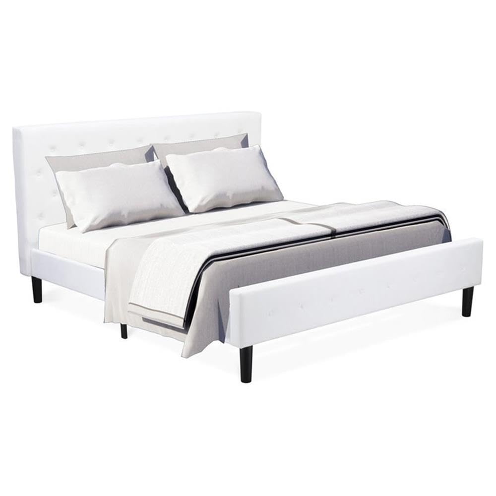 East West Furniture NLF-19-K Nolan Platform Bed - Button Tufted White Velvet Fabric Upholstered Headboard & Footboard, Black Legs, King Size