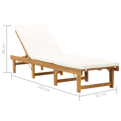 Yisssmeng Folding Sun Lounger with Cushion, Adjustable Solid Acacia Wood Reclining Lounge Chair for Patio Garden and Poolside, Outdoor Wooden Daybed with Removable Cover, Natural and Beige