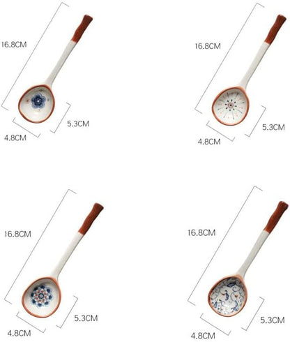 Chinese Handmade Ceramic Large Spoon, Long Handle Retro Porcelain Spoons for Ramen, Pho, Large Soup Spoons