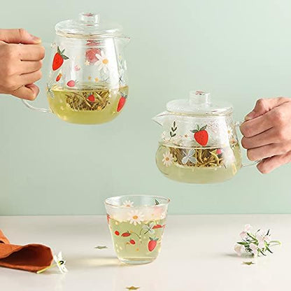 Sizikato Clear Borosilicate Glass Teapot with Tea Strainer, Cute Strawberry Pattern, 18oz