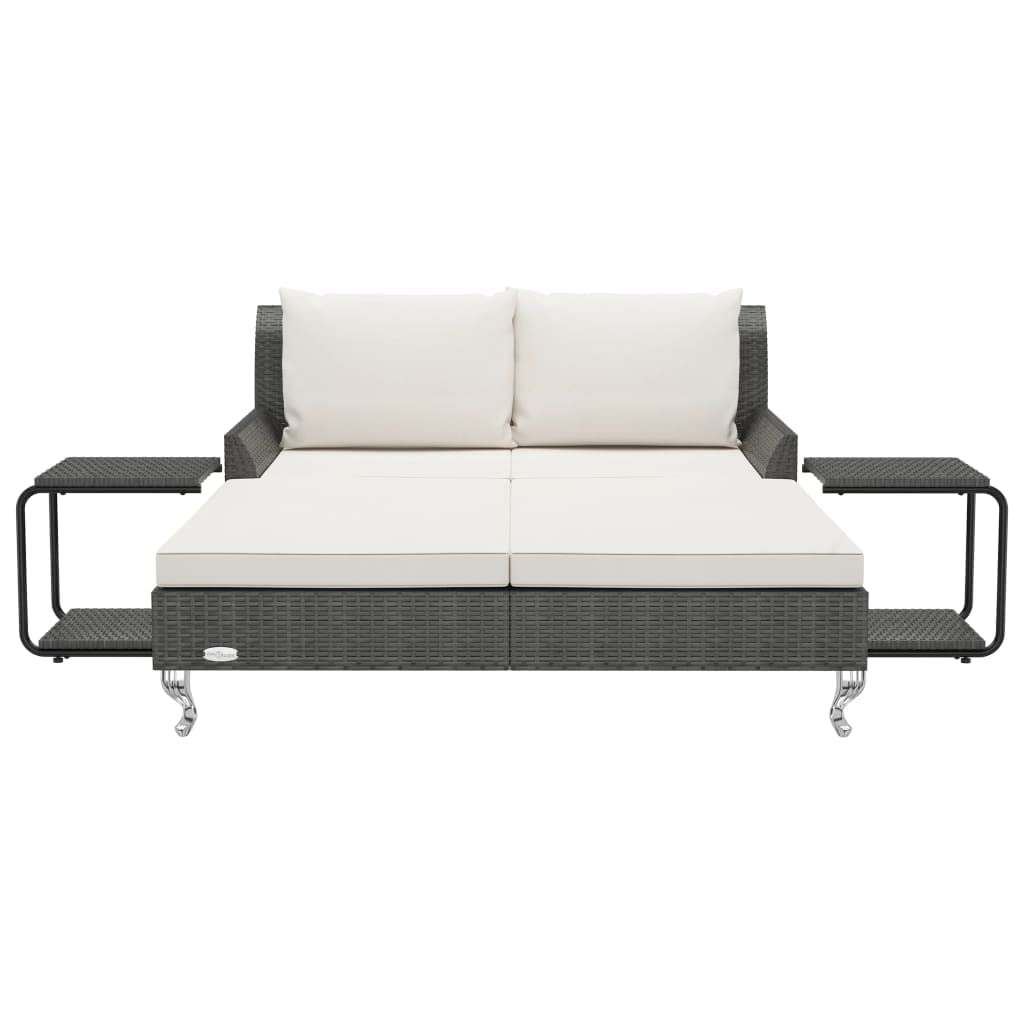 HGKMBRY 2 Person Sun Lounger with Cushions, Garden Sun Bed for Two in Black Rattan with Cream White Cushions for Patio and Outdoor Relaxation