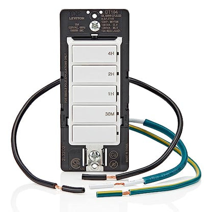 Leviton Countdown Timer Switch for bathroom fan and household lights, 5-10-15-30 min, No Neutral Required, Single Pole, 15A, 1/2 HP/9.8A Fan/Motor, DT130-1LW, White