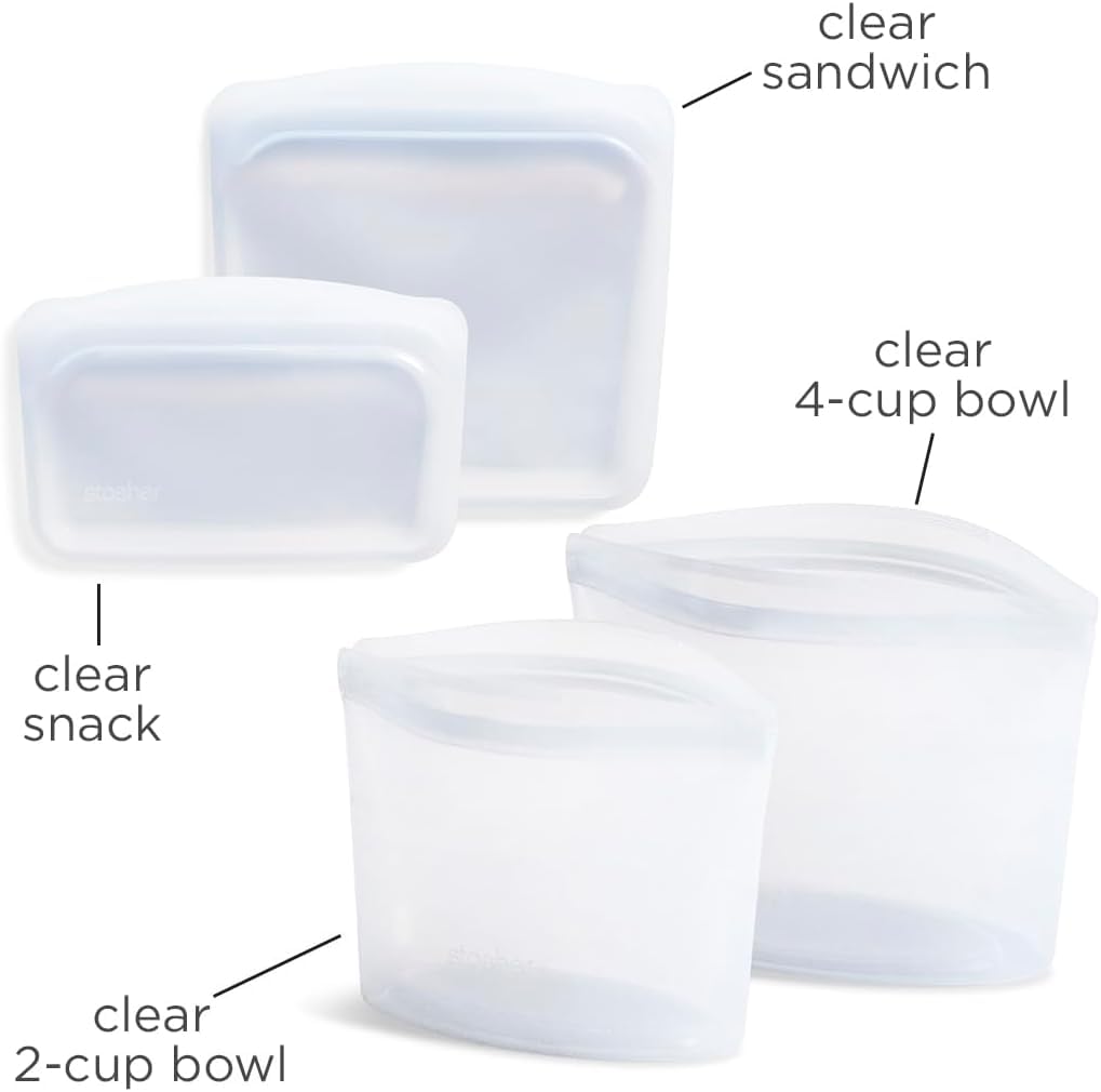 Stasher Premium Silicone Reusable Food Storage Bags, 4-Pack, Multi, Multi-Use Food Storage Bags, Lunch Bag, Travel Containers, BPA Free, Leak-free, Dishwasher-Safe, Eco-friendly