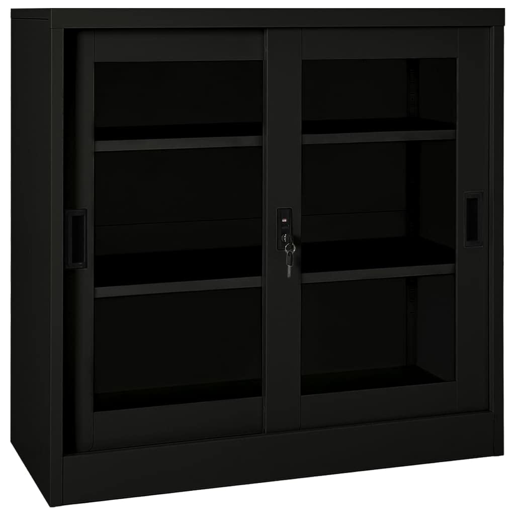 mtlskopl Sliding Door Storage Cabinet Black Steel Matte Tempered Glass 35.4 x 15.7 x 35.4 in Adjustable Shelves Lockable Office Garage Living Room Bathroom Organizer