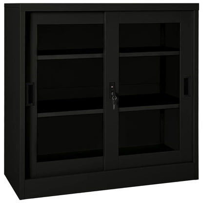 mtlskopl Sliding Door Storage Cabinet Black Steel Matte Tempered Glass 35.4 x 15.7 x 35.4 in Adjustable Shelves Lockable Office Garage Living Room Bathroom Organizer