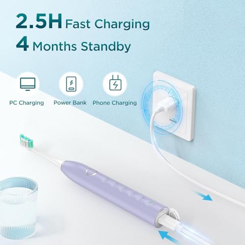 Electric Toothbrush for Adults with 8 Brush Heads, Sonic Toothbrush Rechargeable with a Holder & Travel Case, 2.5 Hours Charge for 120 Days Use - Light Blue