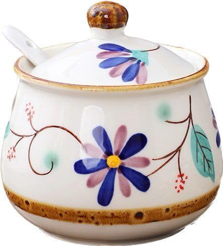 Cute Hand-painted Ceramic Sugar Bowl, Seasoning Jar, Blue Floral Pattern, 320ml for Kitchen Decor