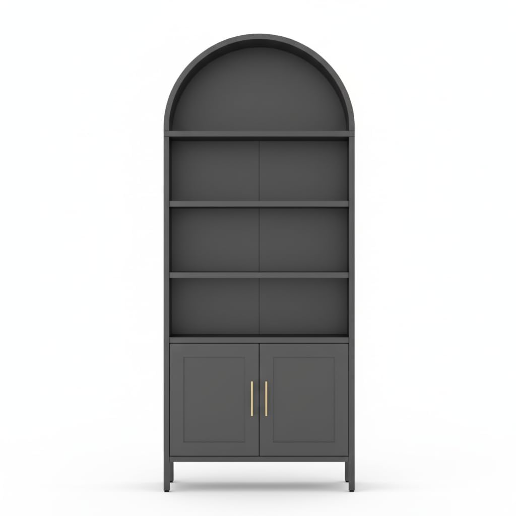 TrailBlaze Modern Arched Metal Bookshelf Cabinet - 73" Tall 5-Tier Cold Rolled Steel Organizer - Adjustable Shelves, Compact Design, Easy Assembly for Living Room, Office, Kitchen Pantry - Black