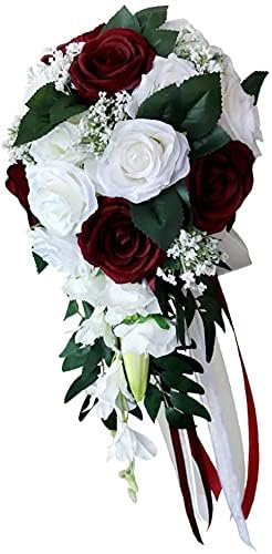 Artificial Rose Bouquet for Wedding Bride, White + Wine Red Bouquet for Home Holiday Party Supplies