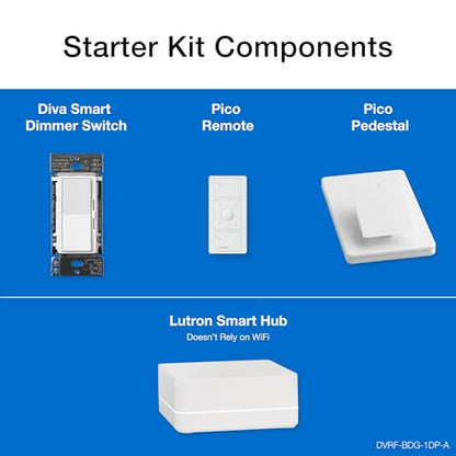 Lutron Diva Smart Dimmer Switch Kit for Caseta Lighting w/ Hub, Pico Remote & Pedestal, Smart Dimmer Works with Apple Home, Ring, Google Home, 3 Way, DVRF-BDG-1DP-A