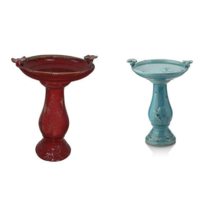 Alpine Corporation 25" Tall Outdoor Ceramic Antique Pedestal Birdbath Bundle with Red and Turquoise Bird Figurines