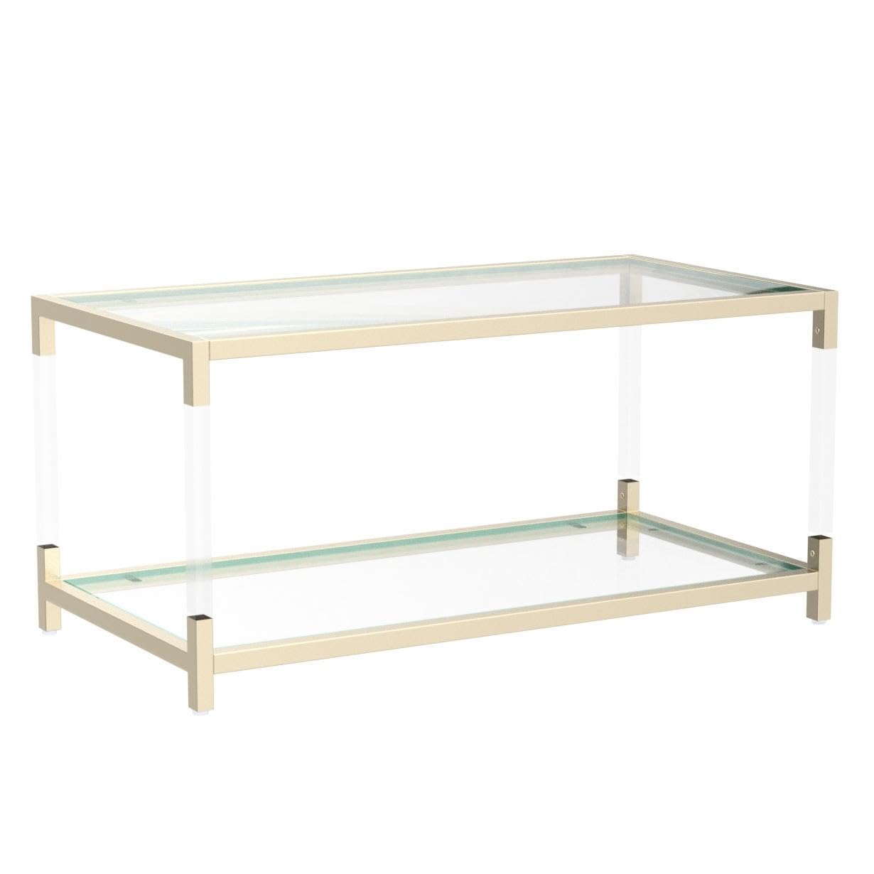 AGV LIGHTING 202205 BLEVIO Coffee Table, Modern Design Dual-Layer Coffee Table, Perfect for Living Space, Ultra-Clear Glass Top, Transparent Acrylic Leg & Gold Finish Metal Frame