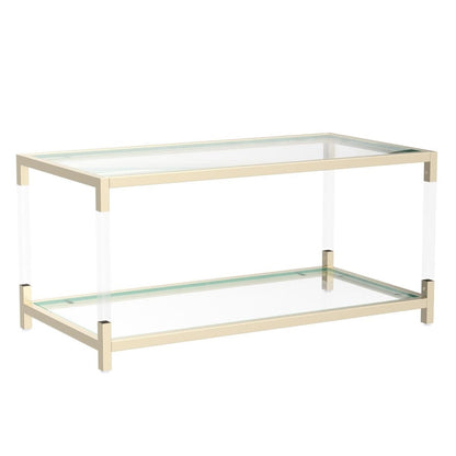 AGV LIGHTING 202205 BLEVIO Coffee Table, Modern Design Dual-Layer Coffee Table, Perfect for Living Space, Ultra-Clear Glass Top, Transparent Acrylic Leg & Gold Finish Metal Frame