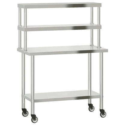 Stainless Steel Kitchen Prep Work Table with Overshelf, Rolling Food Preparation Station with 2-Tier Storage Shelf, Mobile Commercial Utility Cart for Restaurant Catering 43.3x21.7x59.1 Inches