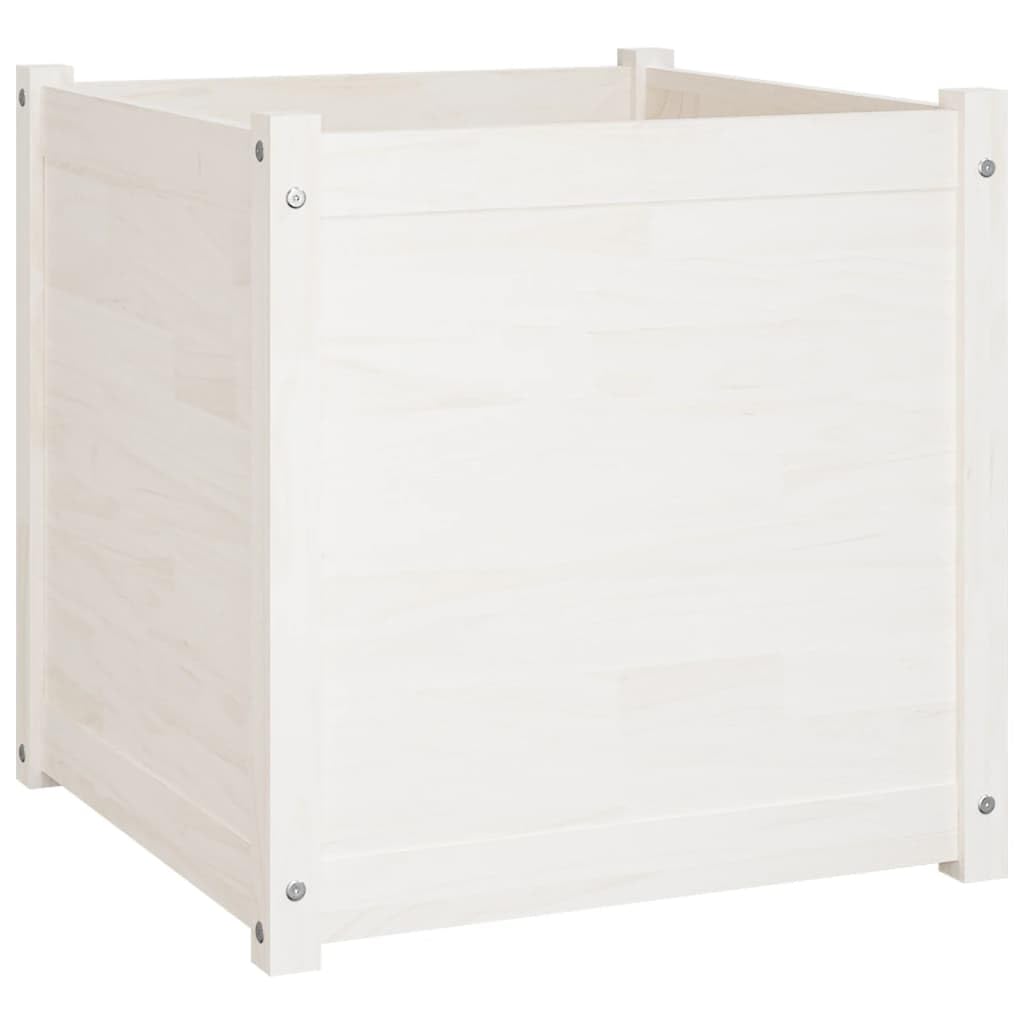 Foknhdi 2 Pack 23.6 in White Square Solid Pine Wood Large Planter Box, Raised Garden Bed Outdoor with Drainage Holes, Minimalist Patio Herb Flower Pot for Balcony, Yard and Garden