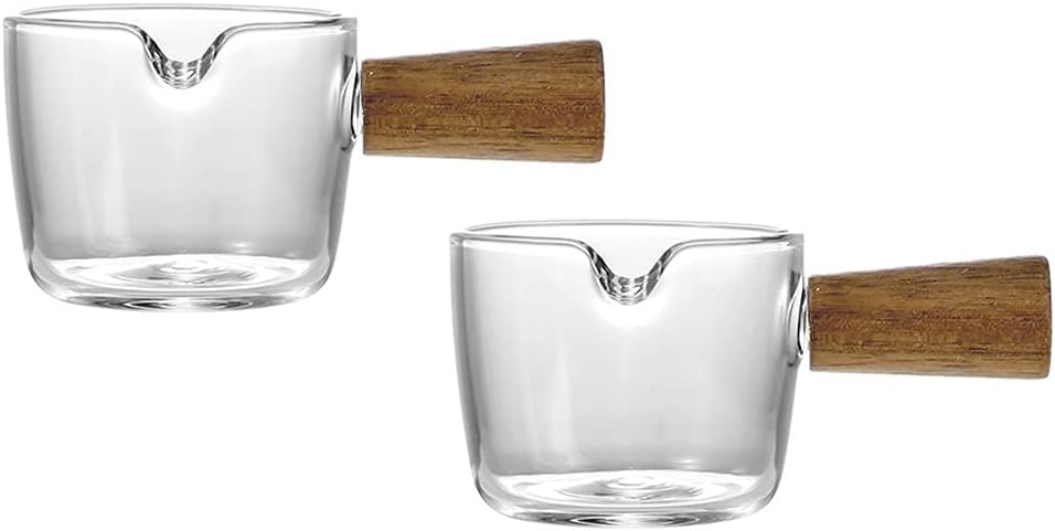 Glass Creamer Coffee Milk Sauce Serving Pitcher - 2pcs Large Jug with Wood Handle