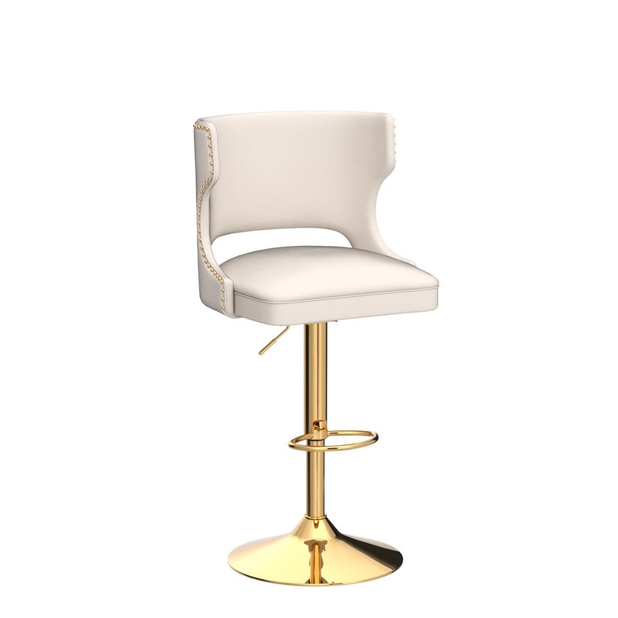 EALSON Leather Bar Stools Set of 2 Swivel Counter Height Barstools with Back Adjustable Bar Chairs with Gold Base Modern Upholstered Kitchen Island Stools for Home Bar Dining Room, PU Beige