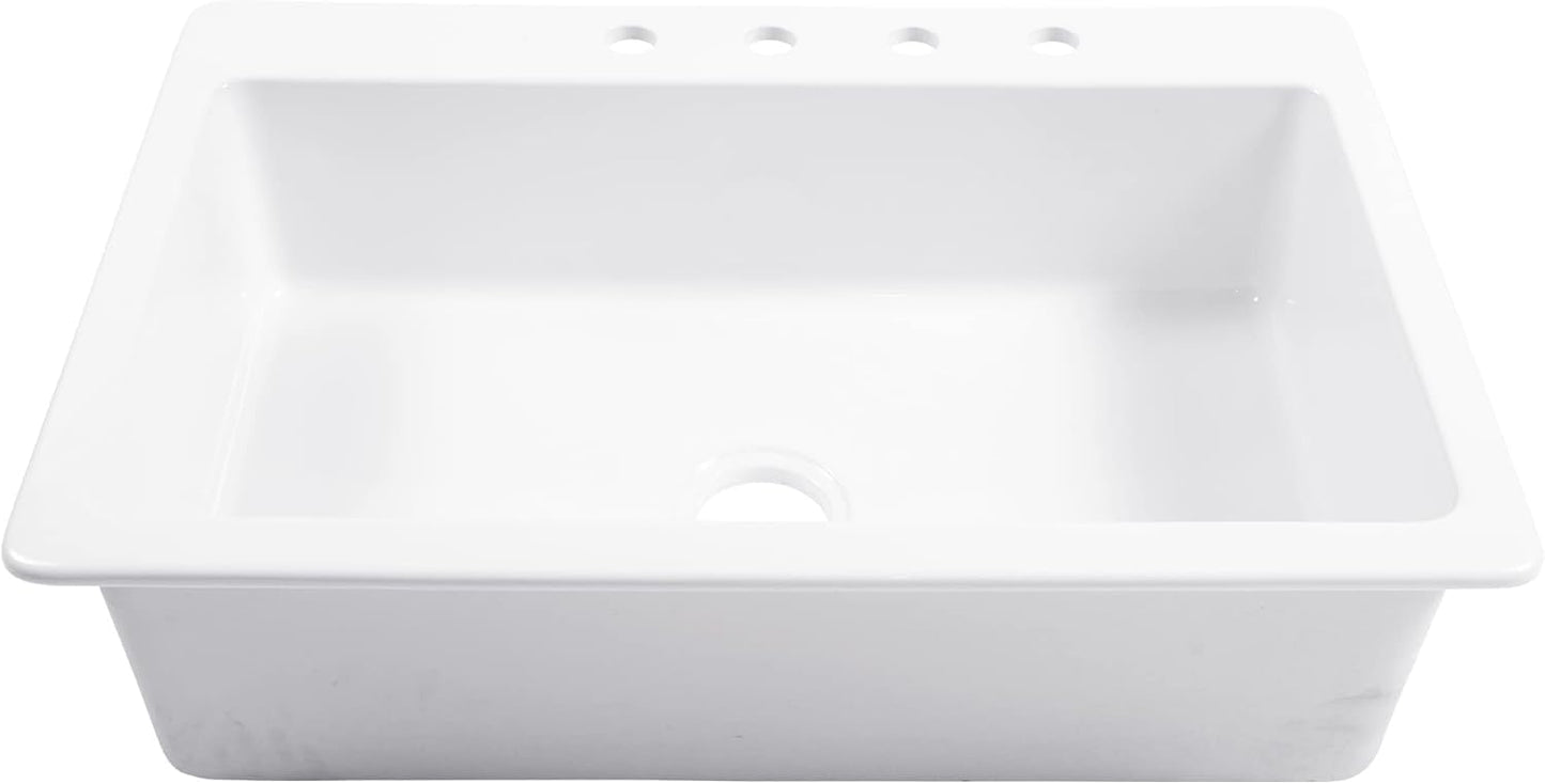 Sinkology Jackson Crisp White Fireclay Drop-In Kitchen Sink - 33 Inch Single Bowl - SureFire Fireclay Won't Chip, Crack, or Stain - 4-Hole - Sinkology Everyday Warranty - Fits 36 Inch Cabinet