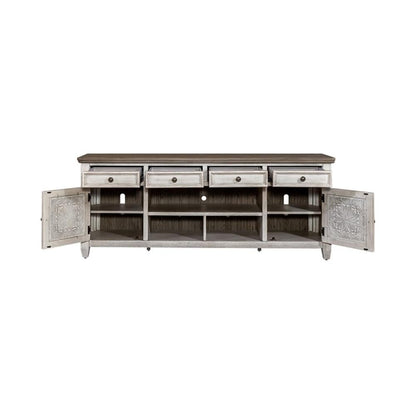 Liberty Furniture Heartland 76 Inch Tile TV Console for Living Room - Antique White with Tobacco Tops