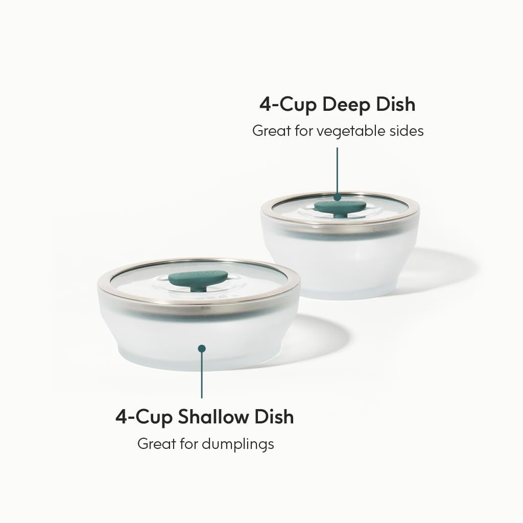 Anyday 4-Pc Microwave Cookware & Glass Food Storage Set with Glass Lids | Medium Plastic-Free Containers | Stackable Steamer with Vented Lid for Microwave-Safe Reheating & Steaming Vegetables, Rice
