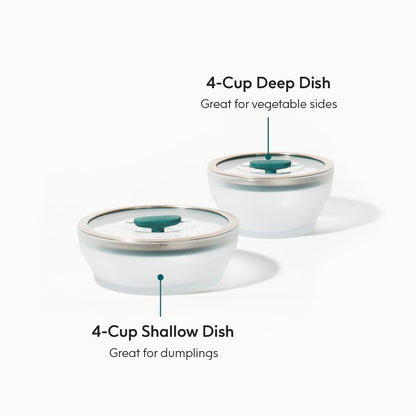 Anyday 4-Pc Microwave Cookware & Glass Food Storage Set with Glass Lids | Medium Plastic-Free Containers | Stackable Steamer with Vented Lid for Microwave-Safe Reheating & Steaming Vegetables, Rice