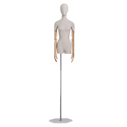 CZCZC Countertop Premium Mannequin with Metal Stand,Linen Female Mannequin,Adjustable Dress Mannequin,Flexible Form Mannequin Torso Wooden Arm Display