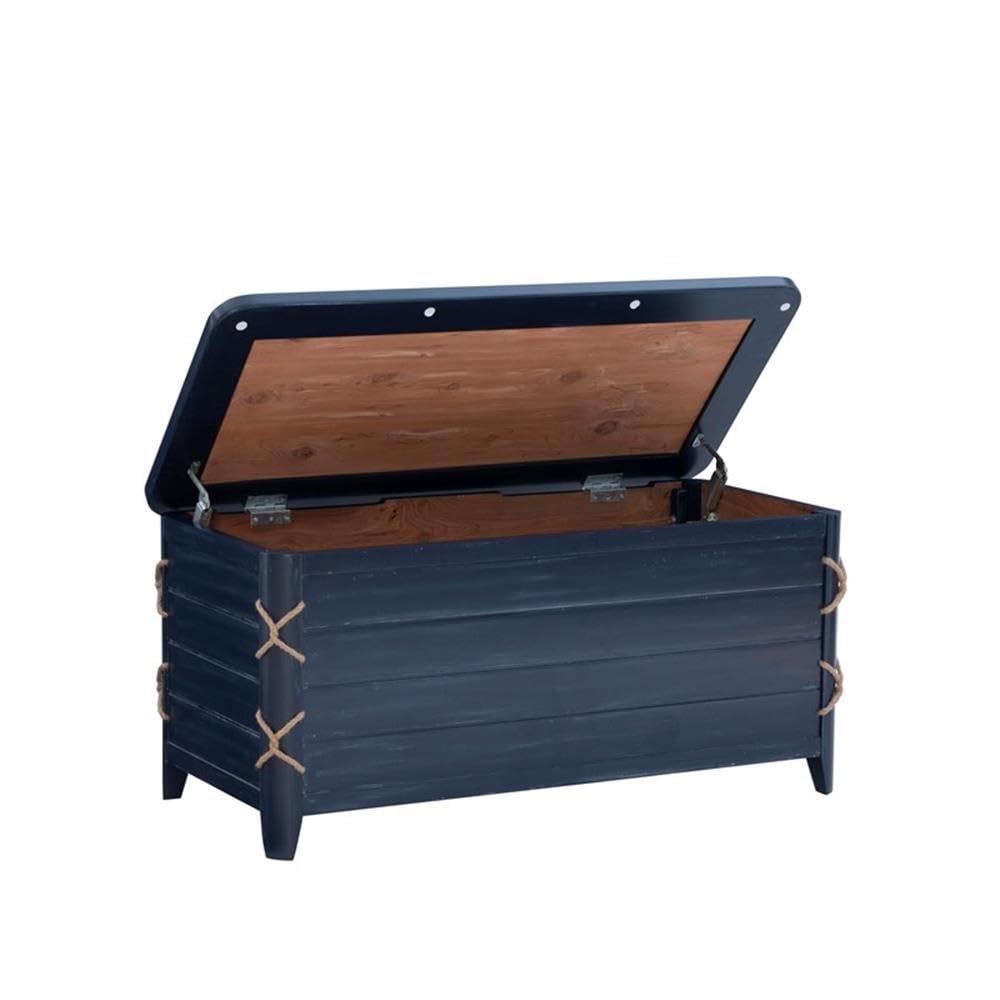 BOWERY HILL Modern Wood Rope Storage Chest, 38" L x 18" D x 18" H, Cedar Lined, Blue Finish, Paneled Design with Rope Trim, Versatile for Blanket Storage, Seating, or Coffee Table Use