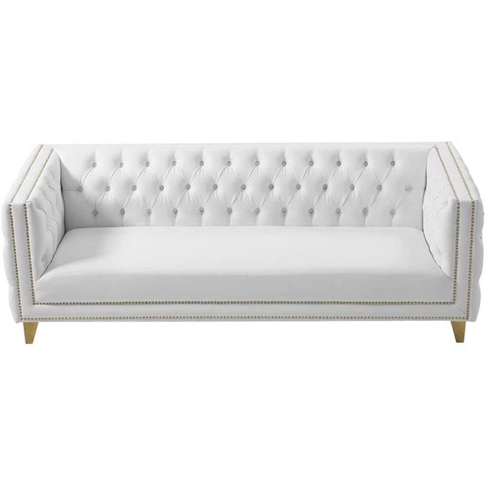 Meridian Furniture 651White-S Michelle Collection Modern | Contemporary Sofa with Deep Button Tufting, Gold Nailhead Trim and Sturdy Gold Iron Legs, White Vegan Leather, 90" W x 34" D x 30" H