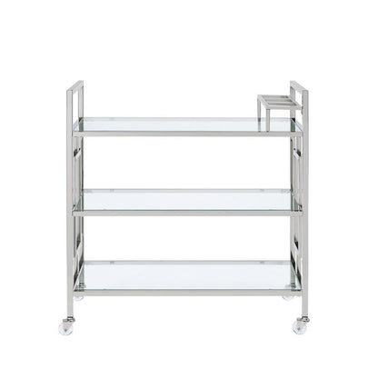 BOWERY HILL Contemporary Bar Cart, Clear Tempered Glass Shelves, 35" H x 33" W x 16" D, Chrome Finish, Modern Glam Design with Casters, Rectangular Serving Cart for Living or Dining Room Use
