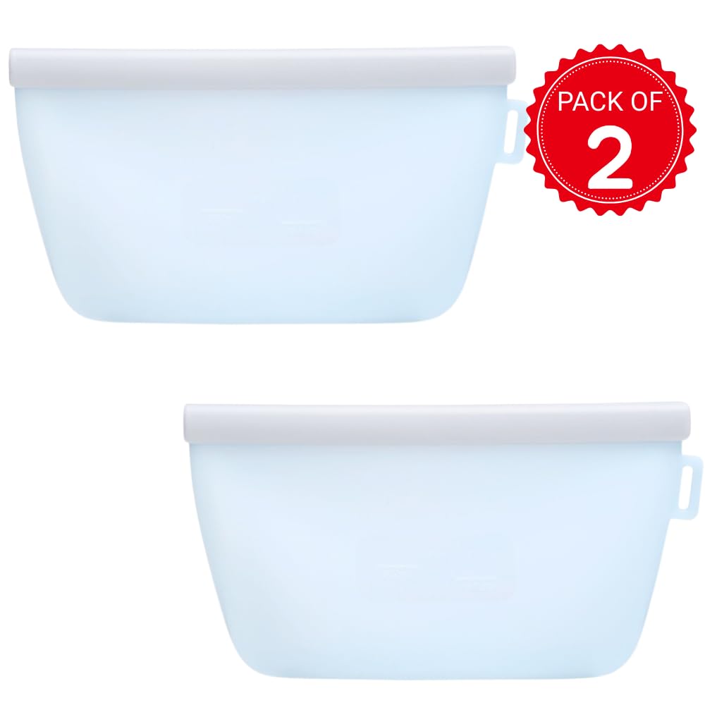 Reusable 100% Silicone Food Storage Bags, Sandwich Snack Bags New Generation Stand Up Zip Container for Soup and Leftovers, Plastice & BPA Free, Microwave Oven Safe 2 Pack (500ml) Vari (Blue)