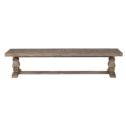 Trent Home 83" Transitional Reclaimed Pine Wood Bench, Weathered Brown Finish, FSC Certified, Hand-Carved Pedestal Base, Rustic Seating for Kitchen, Dining Room or Entryway