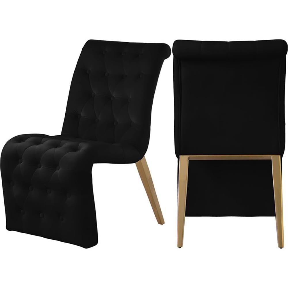 Meridian Furniture 920Black-C Curve Collection Modern | Contemporary Velvet Upholstered Dining Chair with Deep Detailed Button Tufting and Gold Iron Legs, Black, 19.5" W x 30" D x 36.5" H, Set of 2